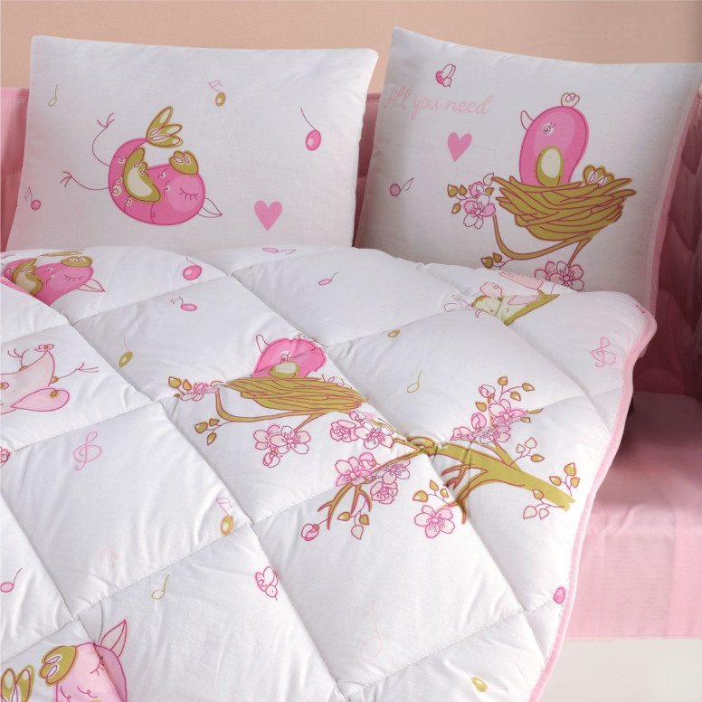 Set Complet Lenjerie Patut Bebe Singer Birds V1 Roz (Bumbac 100%)