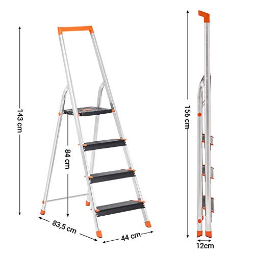 Scara pliabila aluminiu, Songmics, Argintiu-Negru, 44x83.5x143 cm