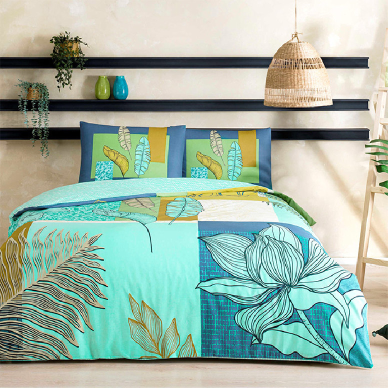 Lenjerie cu elastic Monstera Mint, 160x200 (Bumbac 100%)