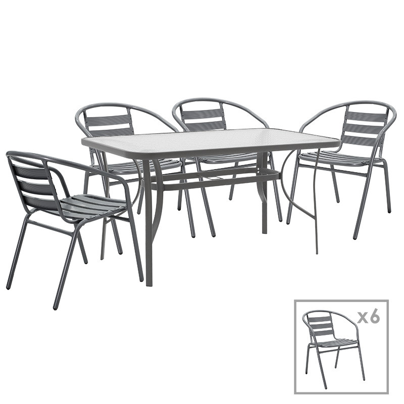 Set de gradina masa si scaune 7 bucati Ensure-Tade metal-sticla gri inchis 140x80x70cm