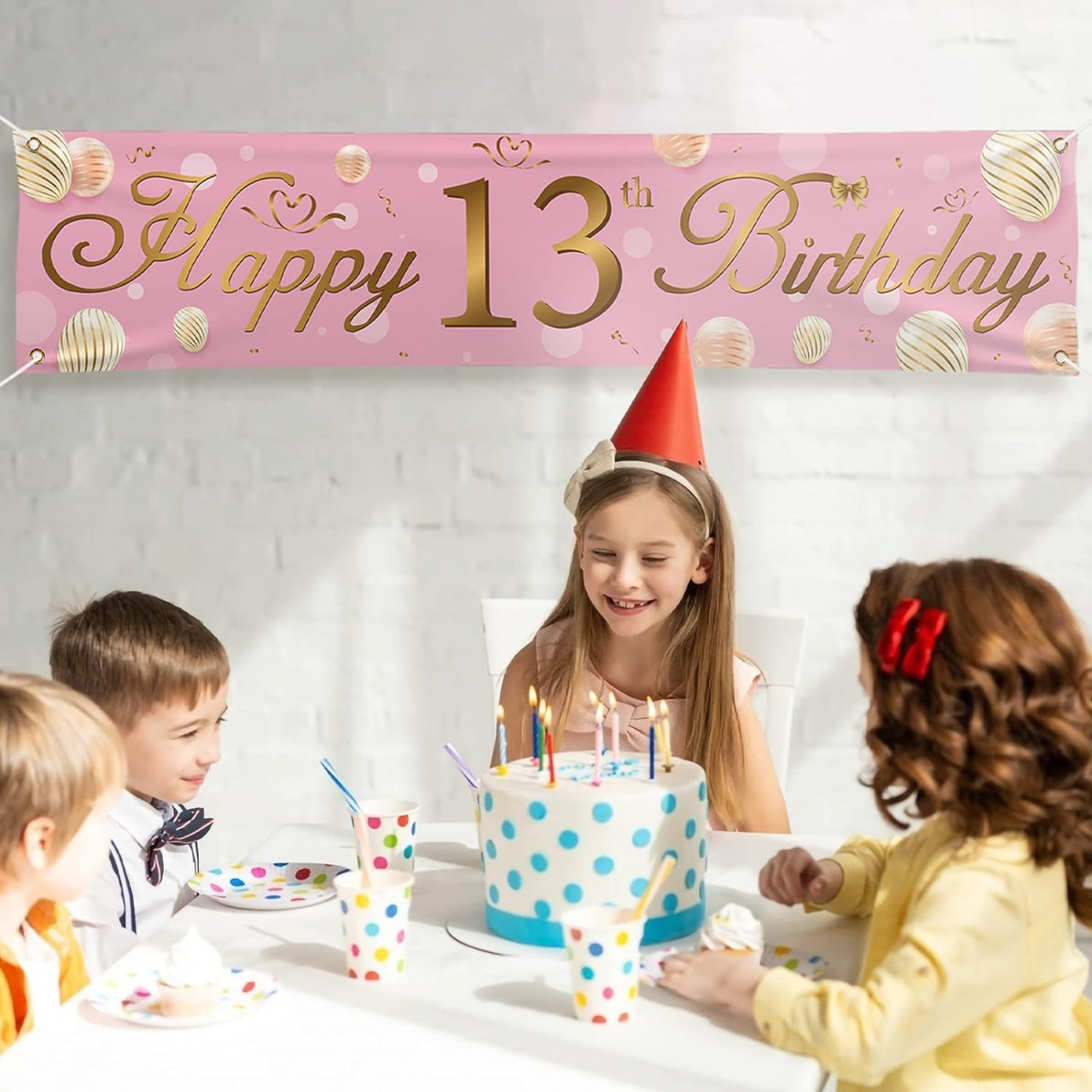 Banner aniversar pentru 13 ani LAMEK, textil, roz/auriu, 180 x 40 cm
