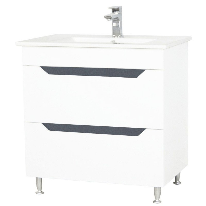 Baza si lavoar baie GN0561, cu picioare si sertare, alb/antracit, 80x46x81 cm