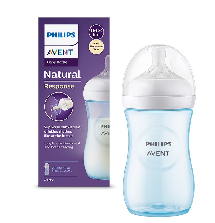 Biberon Philips Avent Natural Response SCY903/21, 260 ml, tetina care functioneaza ca sanul mamei, cu debit 3, tetina fara scurgeri, +1 luni, fara
