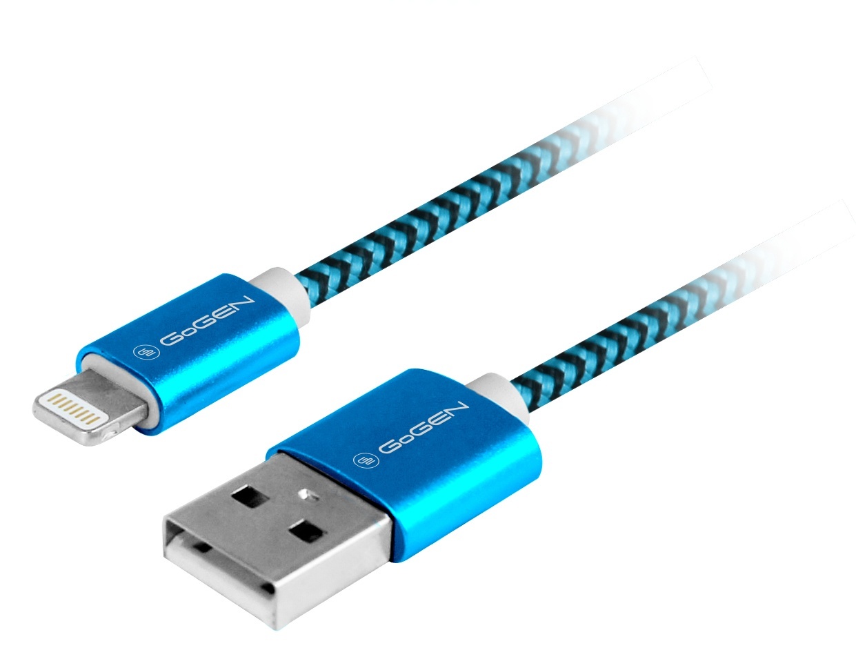 Cablu de incarcare si transfer de date GoGEN, USB la Lightning, 1 metru, impletitura textila, albastru