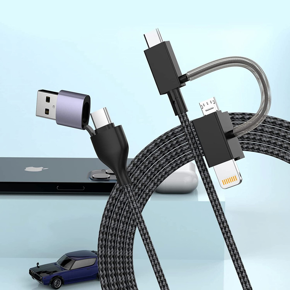 Cablu de incarcare USB 4 in 1 MTAKYI, C /C si Micro USB, negru/gri, 1,8 m Pret Redus chilipirul-zilei pret redus imagine 2022