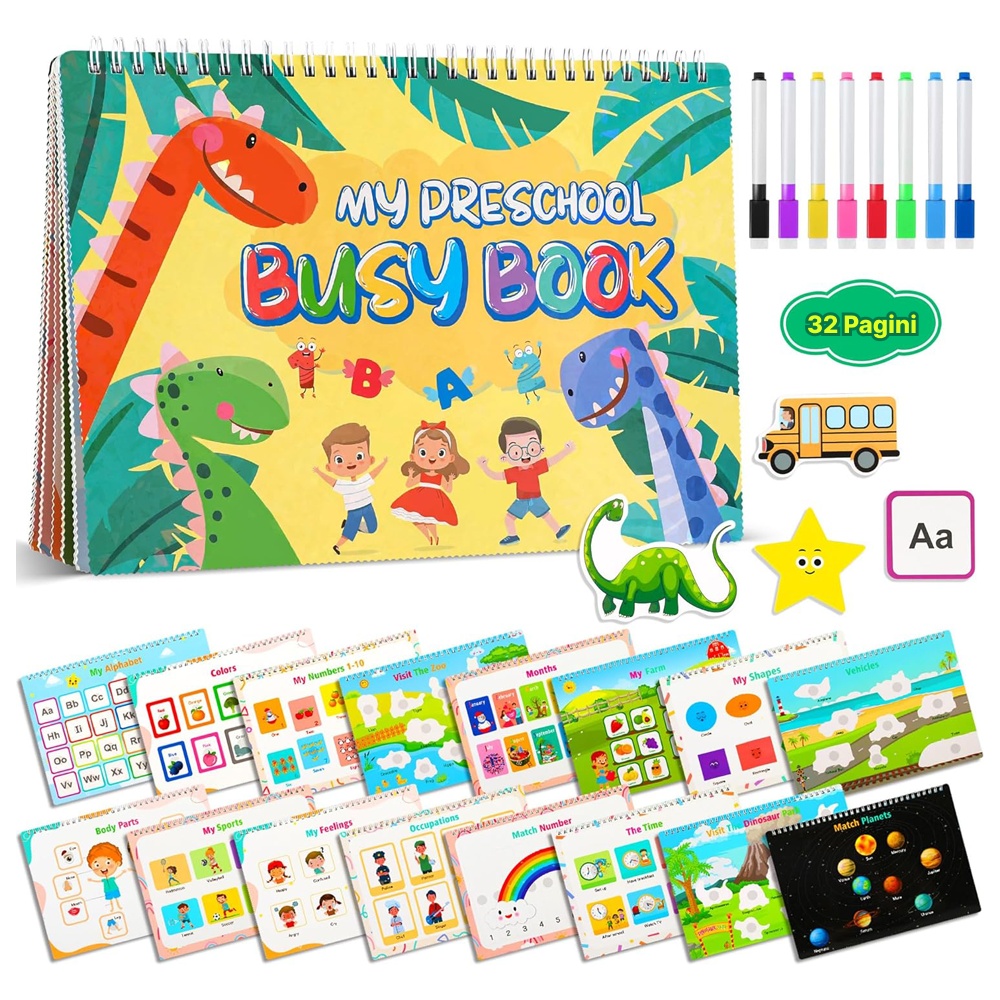 Carte Montessori RCO cu multiple activitati prescolare, stickere reutilizabile, in limba engleza, 32 de pagini, 3-6 ani, CC104