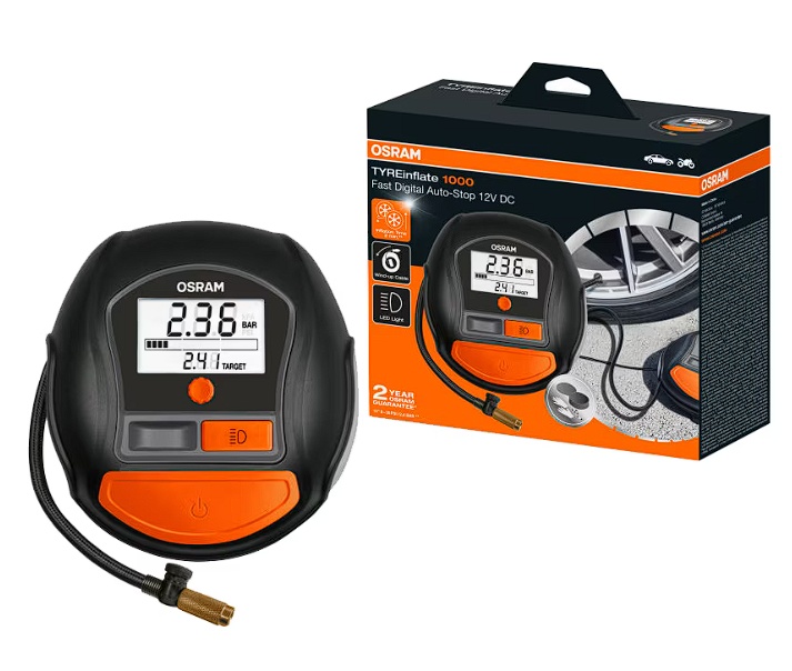 Compresor auto Osram TYREinflate 1000 , 12V ,putere maxima 5.5 bari , display digital, lungime cablu 3.5 m , functie umflare rapida, Resigilat, Grad A