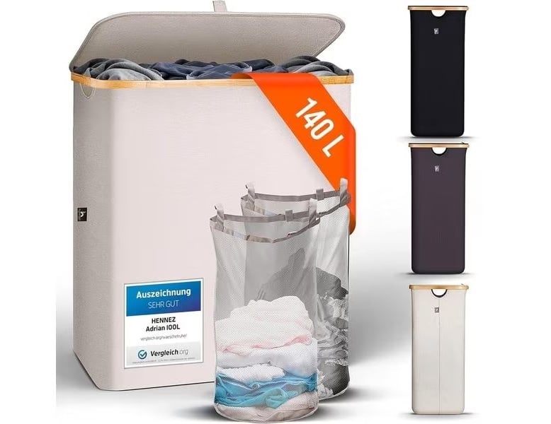 Coș de rufe Hennez,textil/lemn 140 l, Bej, 2 compartimente, Resigilat, Grad A