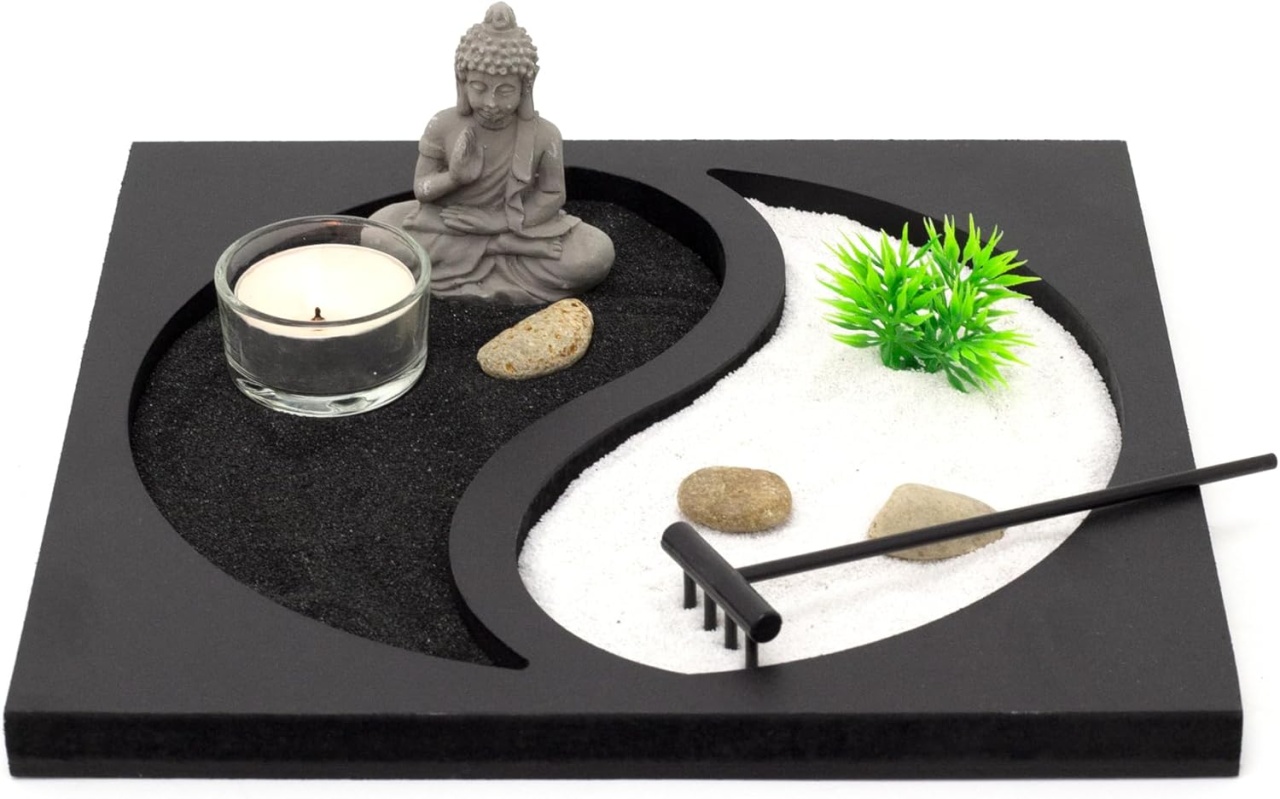Decoratiune Buddha Zen, rasina, alb/negru/verde, 23,5 x 23,5 x 1,5 cm