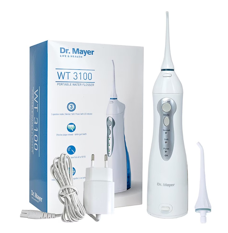 Dus bucal portabil Dr.Mayer WT3100 Alb/Albastru, Tehnologie Multi Pulse, presiune de la 40 la 90 PSI, 3 moduri de curatare (normal, sensibil ?i