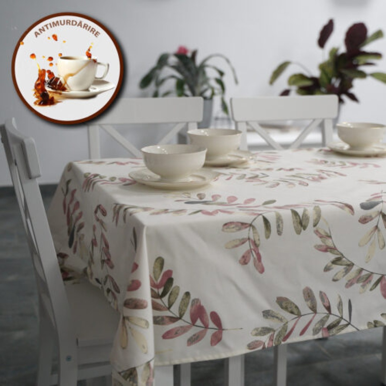 Fata de masa antimurdarie 100% Bumbac, 140x180 cm, Imprimeu Frunze Roz-Verzi