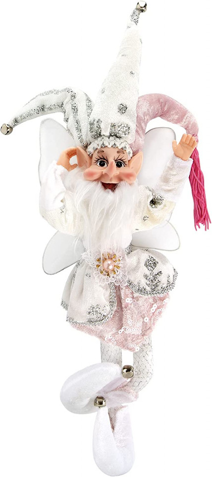 Figurina Elf de Craciun ABXMAS, textil, alb/roz/argintiu, 50 cm
