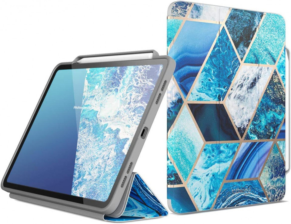 Husa de protectie pentru iPad PRO 2018/2020/2021 i-Blason, piele sintetica, alb/albastru/auriu, 11 inchi