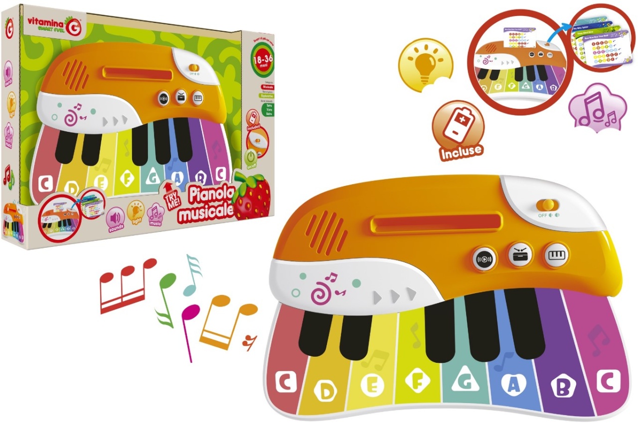 Jucarie interactiva si muzicala pentru bebelusi, Pian cu clape multicolore, Globo Vitamina G, sunete tobe si orga, buton ON/OFF, buton redare