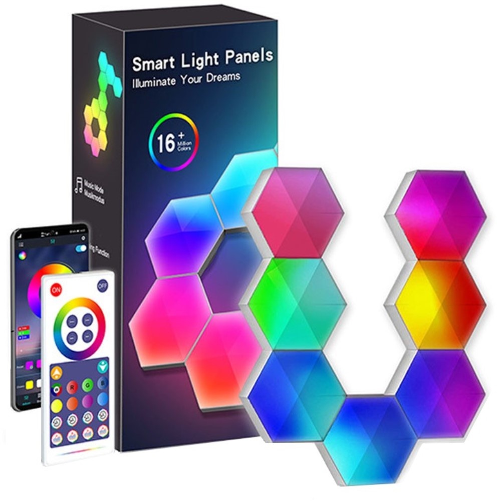 Lampa Modulara Inteligenta tip Hexagon cu Aprindere prin Atingere Led RGB, 6 Panouri Tactile, Voice Control, App/control IOS/Android, Alexa/Google