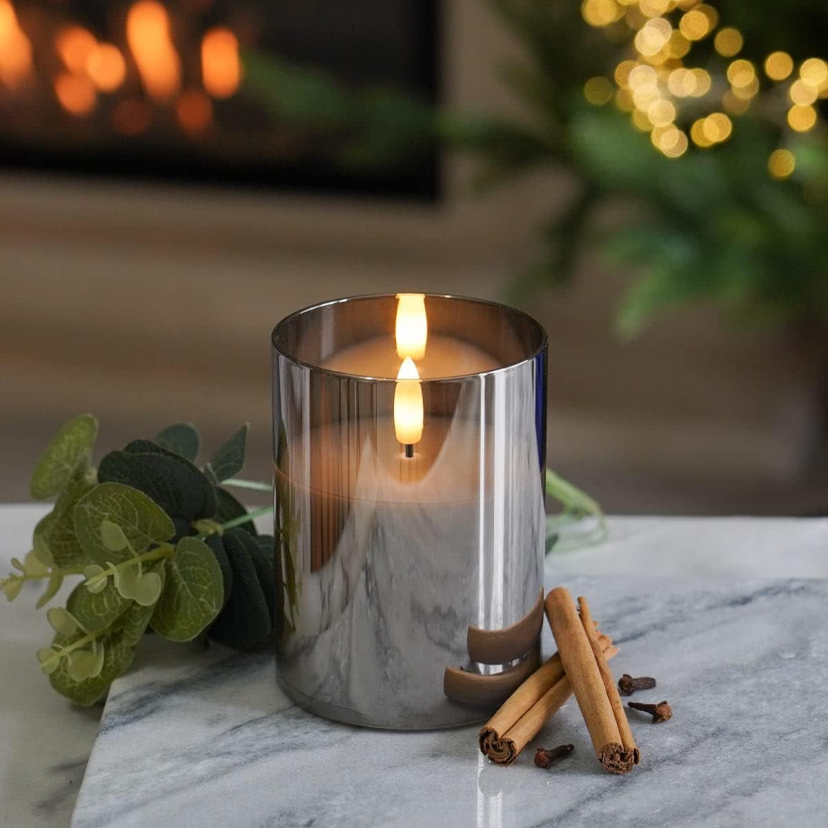 Lumanare Festive Lights, LED, sticla/plastic, alb/gri, 10 cm