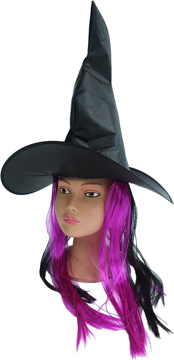 Palarie cu peruca pentru Halloween Hooin, textil, negru/mov, 87 x 42 cm