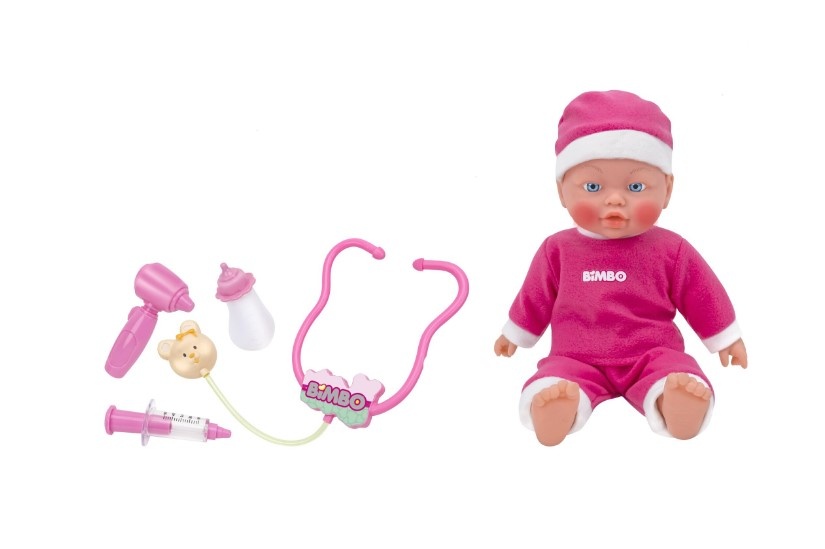 Papusa bebelus 35 cm interactiva, Globo Bimbo, cu pijama moale si caciulita, accesorii hranire, biberon, stetoscop si alte accesorii doctor pentru