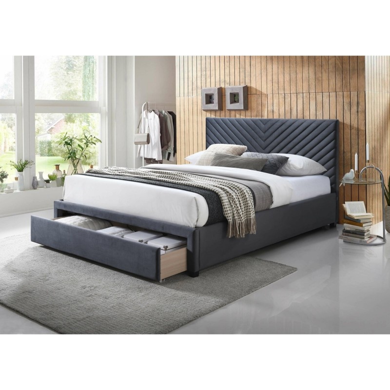 Pat dublu KL Miriam, cu sertar, tapitat cu catifea, structura lemn masiv, 160x200 cm, gri