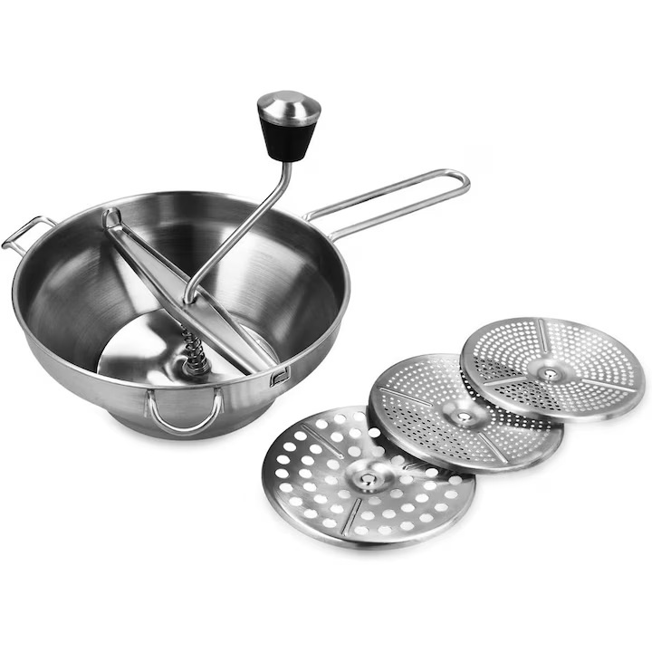 Presa pentru piure de legume si fructe, din otel inoxidabil, 19 cm, 3 discuri de macinat, filtru sos, resigilat