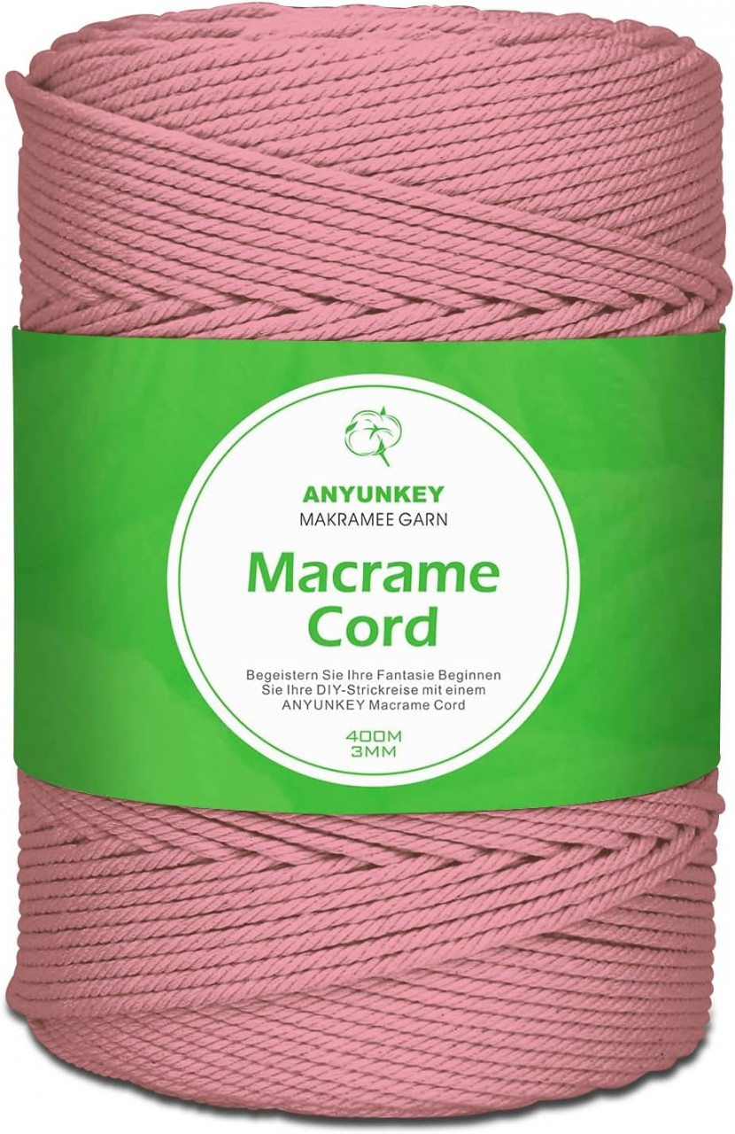 Rola de macrame pentru mestesuguri ANYUNKEY, bumbac, roz orhidee, 400m x 3 mm