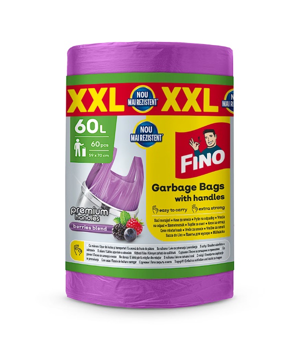 Saci menajeri colorati cu manere Fino, hd, 60l, 60 buc, Resigilat, Grad A