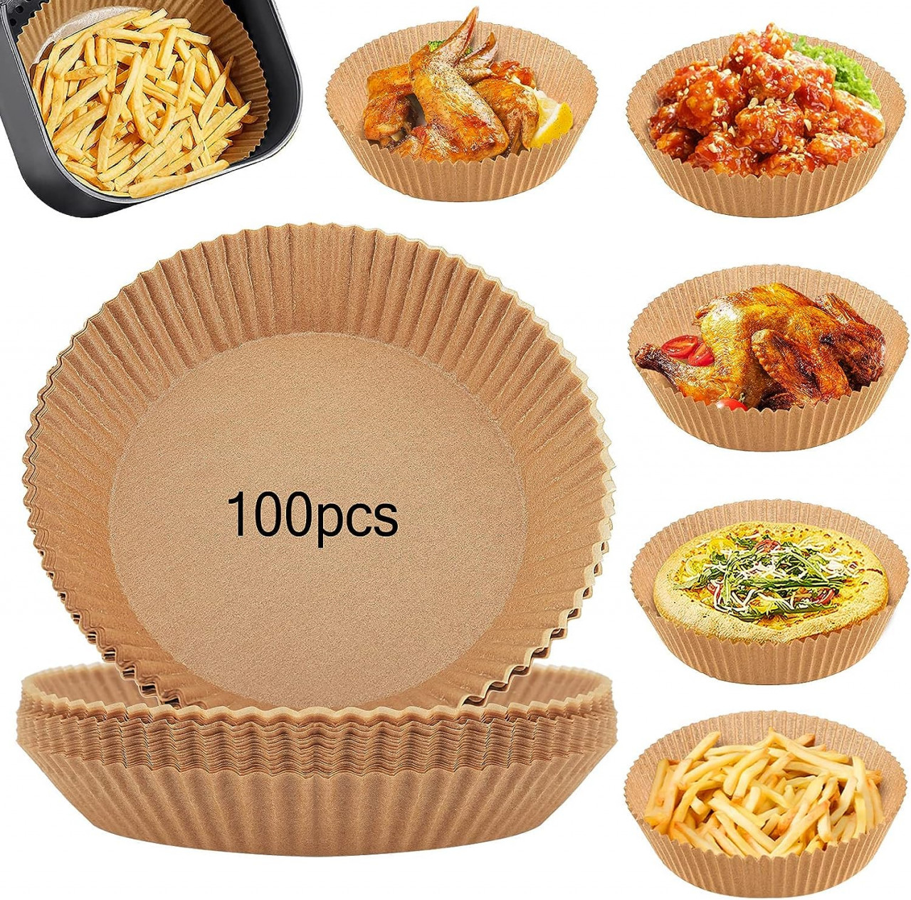 Set 100 hartii de copt pentru friteuza cu aer Kateluo, maro, 20 x 4,5 x 16 cm