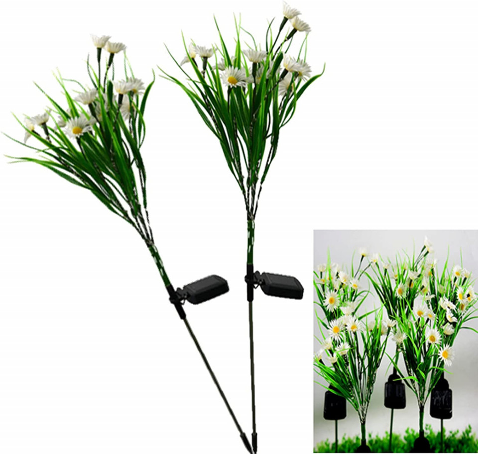 Set 2 flori artificiale luminoase solare, plastic, alb/verde