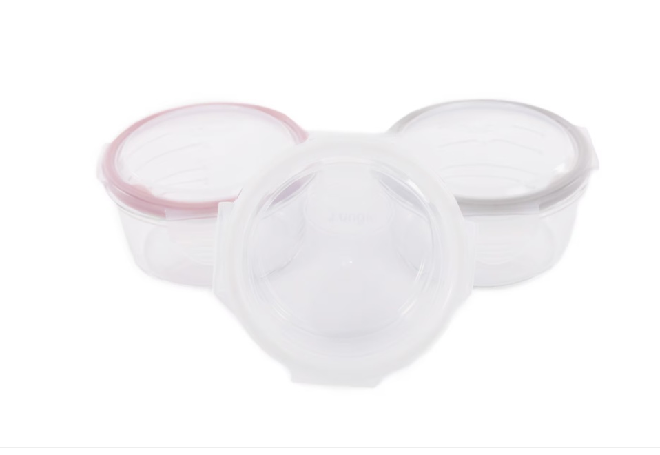 Set 3 Mini Caserole stocare si depozitare mancare BO Jungle pentru bebelusi roz din sticla cu capac 360 ml