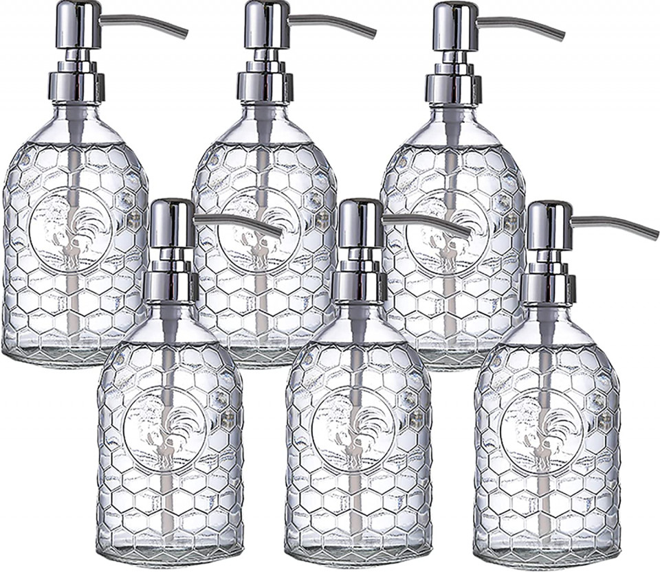 Set 6 dozatoare de sapun Lawei, din sticla transparenta cu pompa, 19.55 cm 19.55