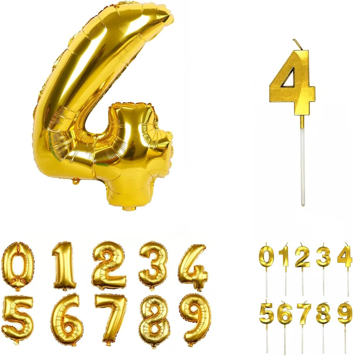 Set aniversar cu balon si lumanare pentru 4 ani REVIBOS, folie/ceara, auriu, 100 cm / 12,5 x 3,5 cm
