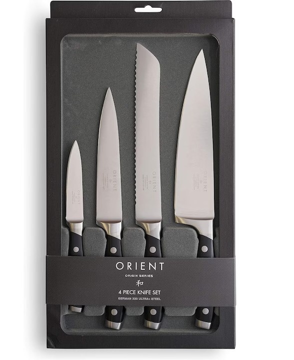 Set cutite de bucatarie Orient, Origin Series, 4 piese, din otel inoxidabil german X50 Ultra +, negru, resigilat