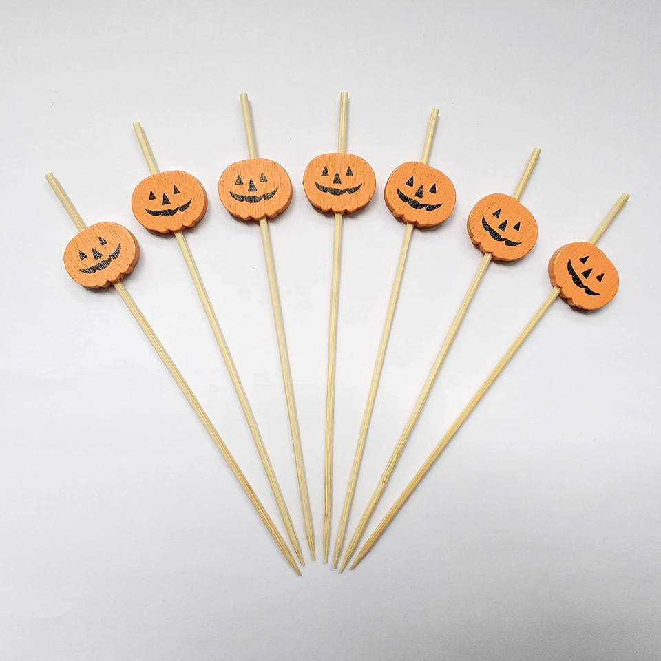 Set de 100 betisoare decorative pentru masa de Halloween, lemn, natur/portocaliu, 12 cm 100