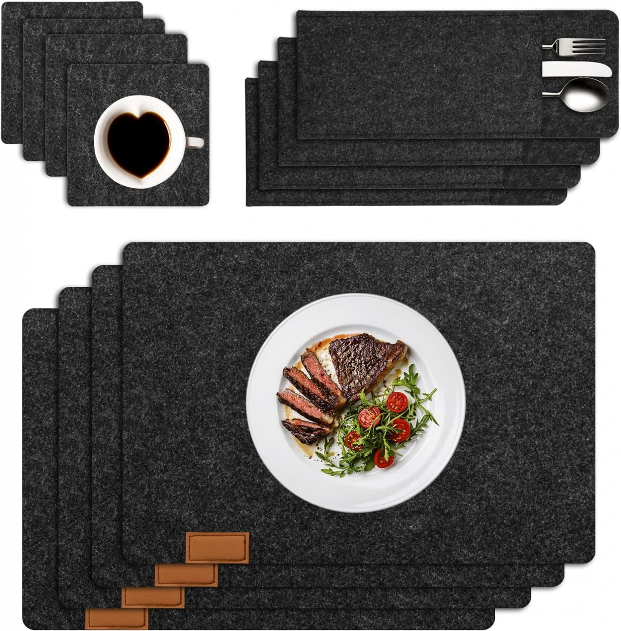 Set de 12 covorase pentru servirea mesei Kysun, pasla, negru