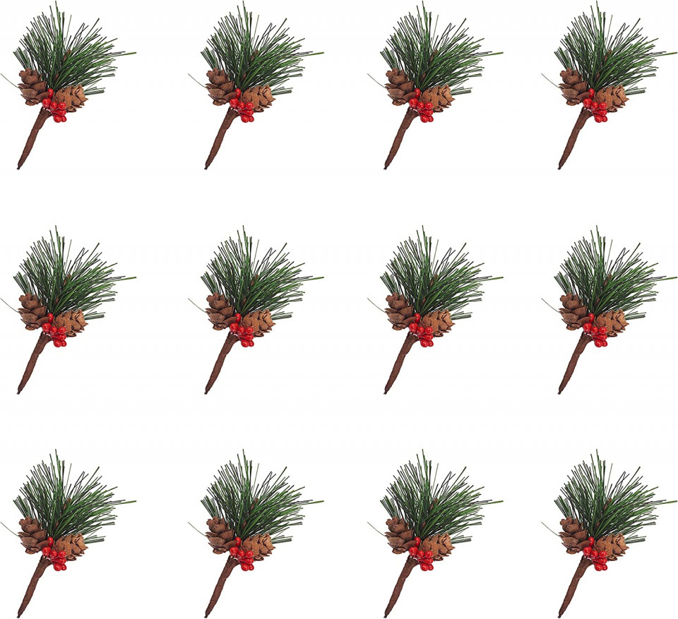 Set de 12 ramuri de pin artificiale de Craciun, plastic, multicolor, 8 cm artificiale imagine 2022