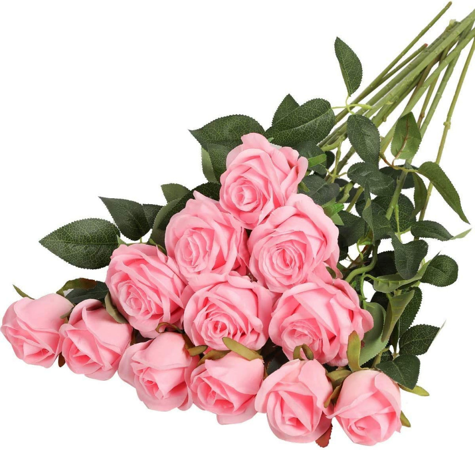 Set de 12 trandafiri artificiali Hawesome, matase/plastic, roz/verde, 52 x 7 cm