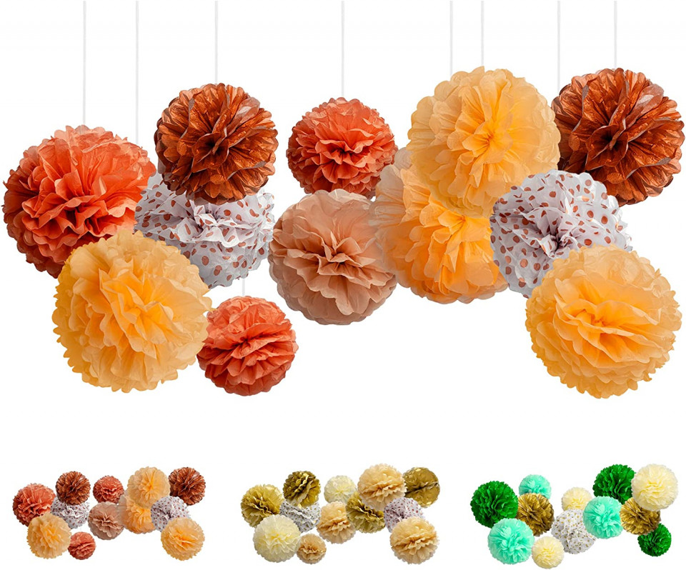 Set de 15 bile pompoms Balloono, hartie, portocaliu/alb, 6 x 30 cm/6 x 25 cm /3 x 20 cm