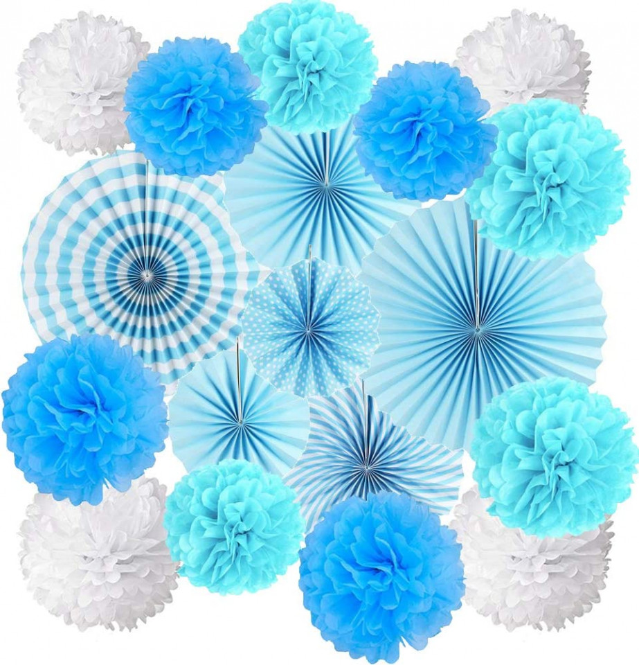 Set de 15 decoratiuni pentru petrecere Jahemu, hartie, albastru/alb, 20 cm / 25 cm / 30 cm / 40 cm