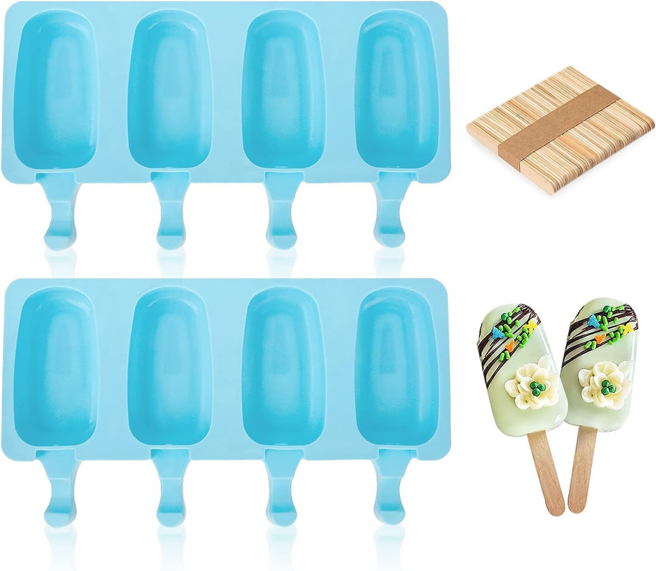 Set de 2 matrite pentru inghetata cu 100 bastonase Aixmeet, silicon/lemn, albastru/natur, 26 x 14,5 x 2,5 cm