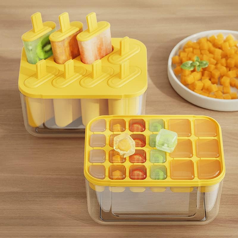 Set de 2 recipiente pentru cuburi de gheata si inghetata YiChenPlus, plastic, galben/transparent, 17,5 x 12,3 x 9,5 cm