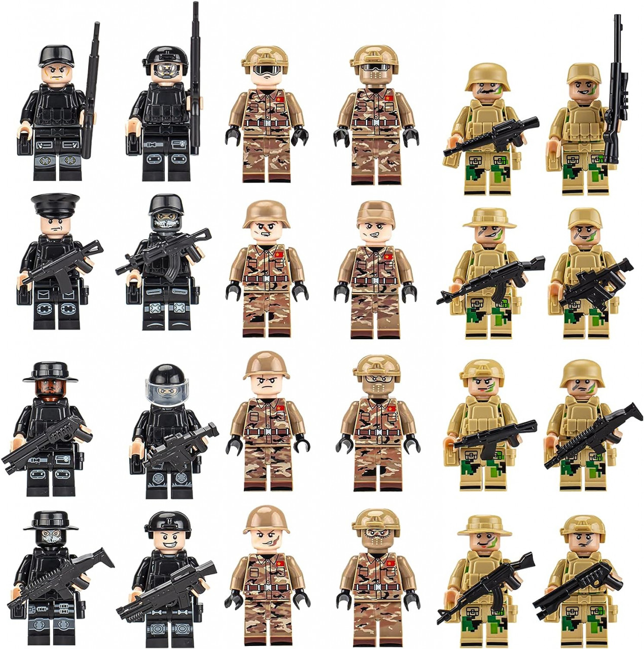 Set de 24 figurine si 16 arme pentru joc militar Fantsccy, plastic, negru/kaki/verde, 4,5 x 2, 5 cm