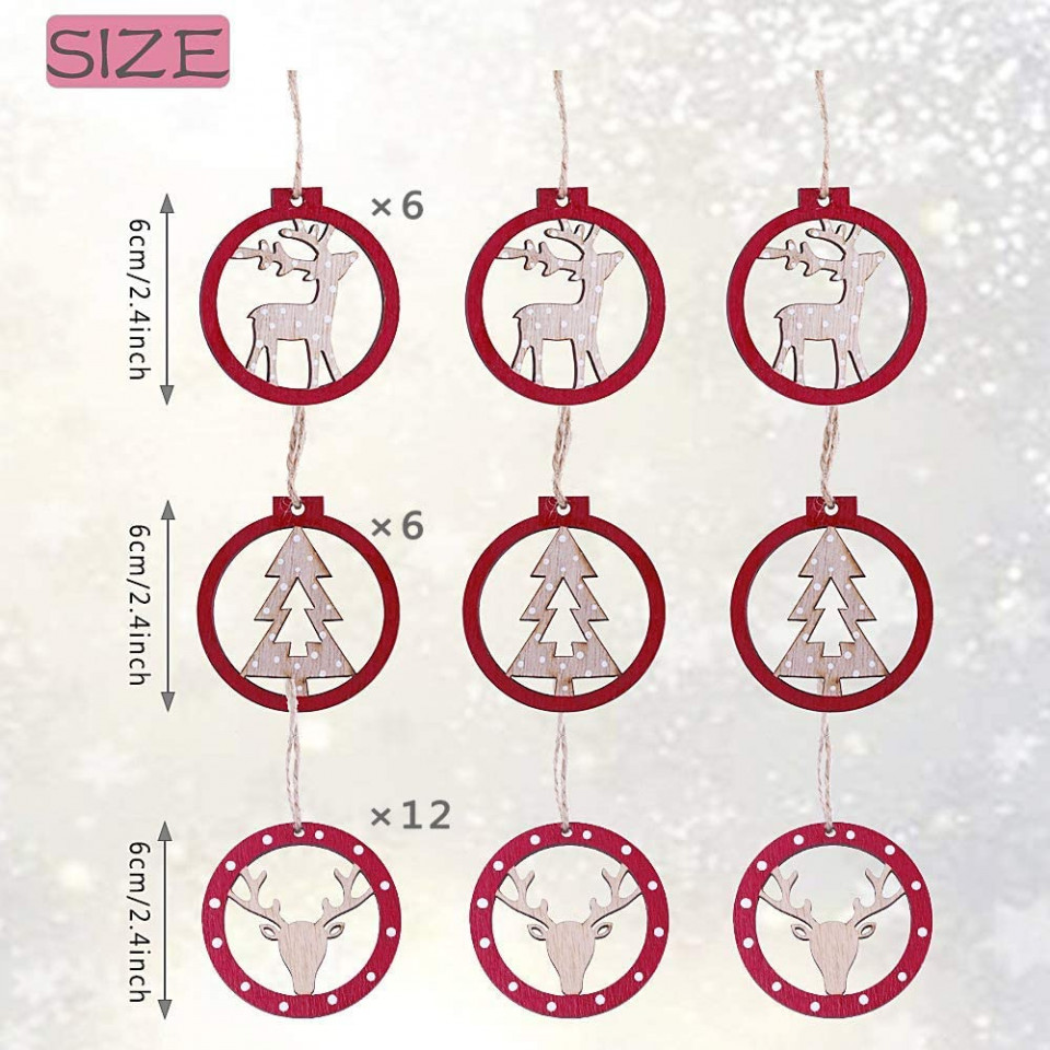 Poze Set de 24 pandative de Craciun Valery Madelyn, lemn, rosu/alb, 6 cm