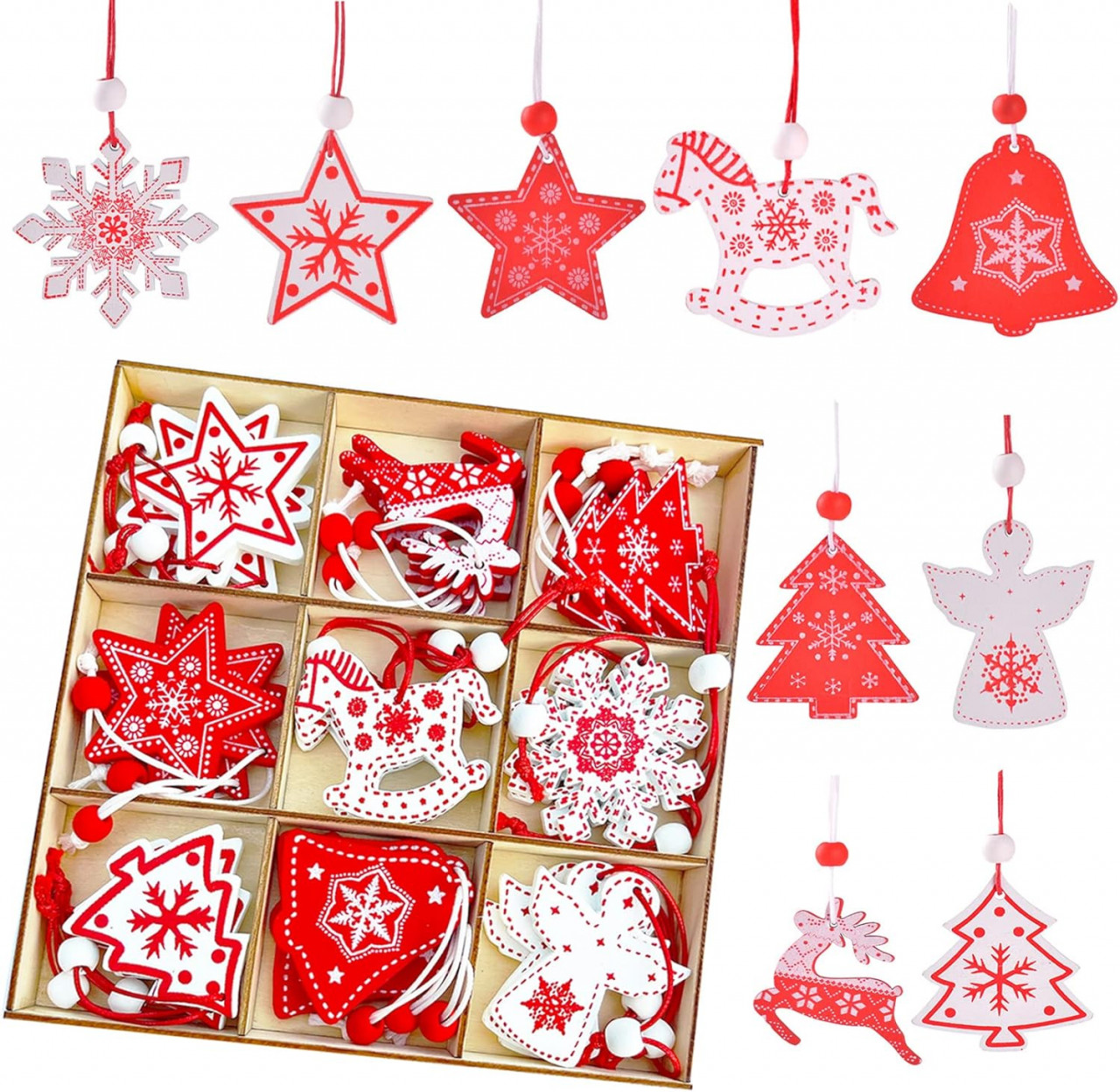 Set de 27 pandative pentru Craciun Cyymna, lemn, rosu/alb, 5,5 x 5,5 cm