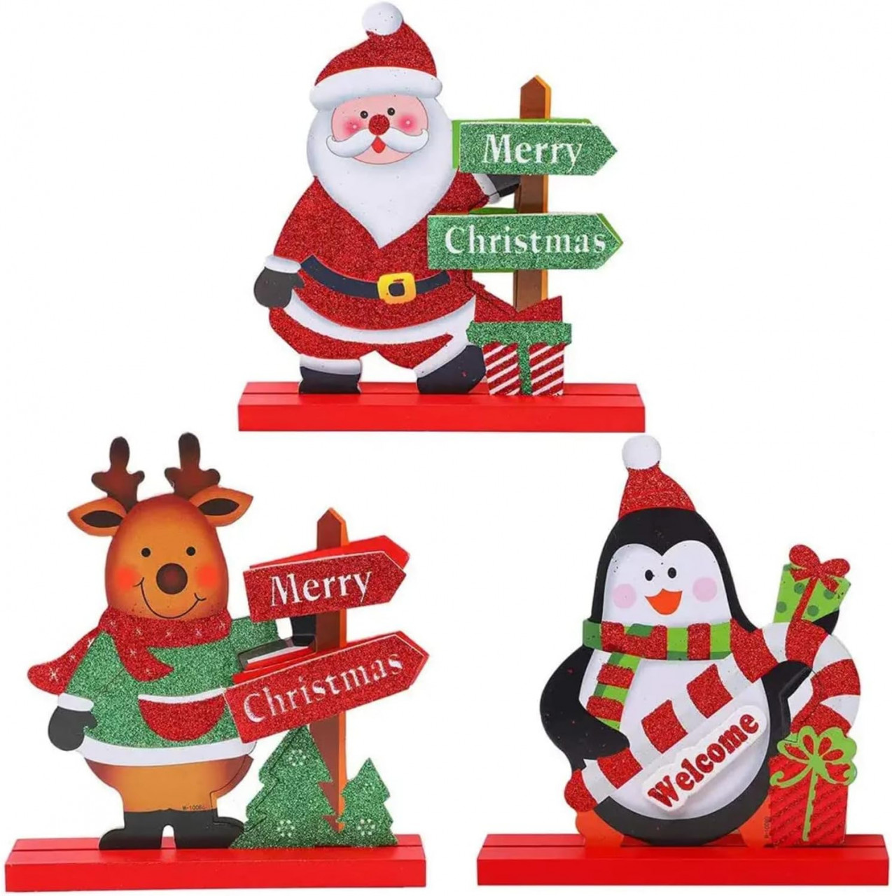 Set de 3 decoratiuni de Craciun ZGYJ-EU, lemn/PVC, multicolor, 18 x 18 cm