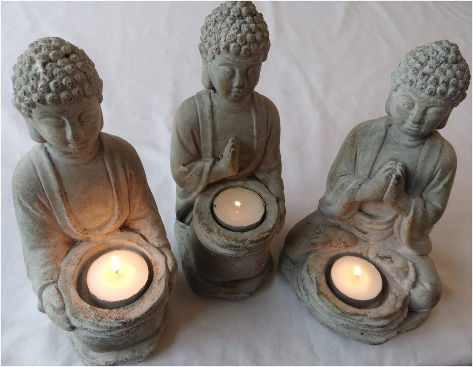 Set de 3 statuete Buddha cu suport de lumanare Farm and Garden, beton, gri, 23 x 10 x 12 cm