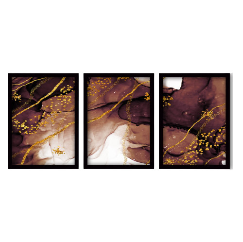 Set de 3 tablouri Lulu, lemn, negru/maro/auriu, 35 x 45 cm