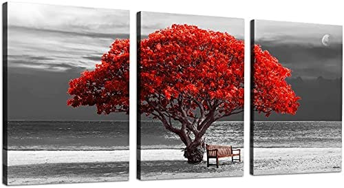 Set de 3 tablouri moderne Hyidecorart, copac, gri/rosu, panza/lemn, 40 x 60 cm chilipirul-zilei.ro/ pret redus