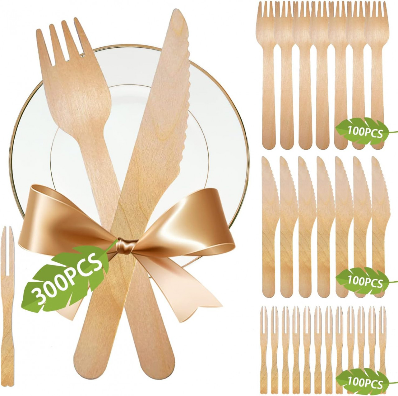 Set de 300 tacamuri MEISHANG, lemn, natur, 14/9 cm