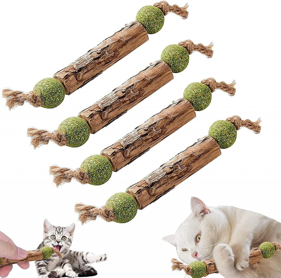 Set de 4 betisoare pentru pisici Sunshine, lemn, natur/verde, 12 cm chilipirul-zilei.ro/ imagine 2022 by aka-home.ro