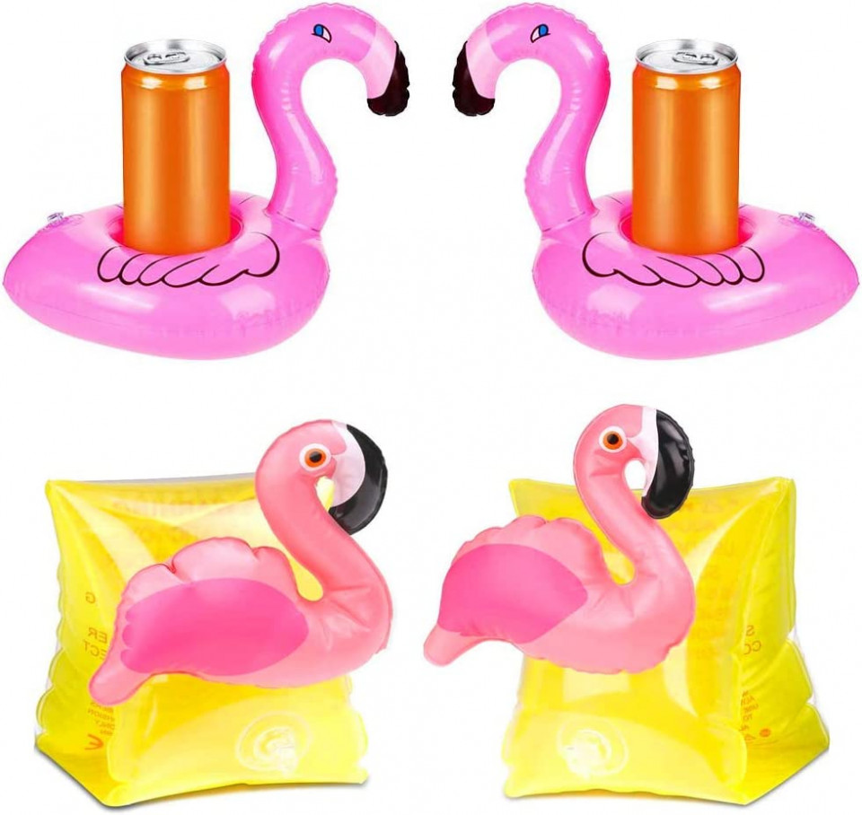 Set de 4 jucarii gonflabile pentru piscina JAHEMU, PVC, roz/galben, 17 x 20 cm / 16 x 20 cm